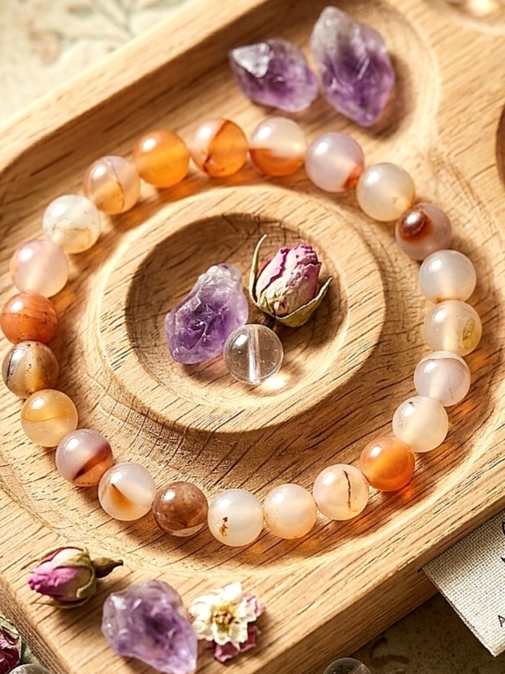Natural Agate Beaded Stretch Bracelet in Orange and Cream